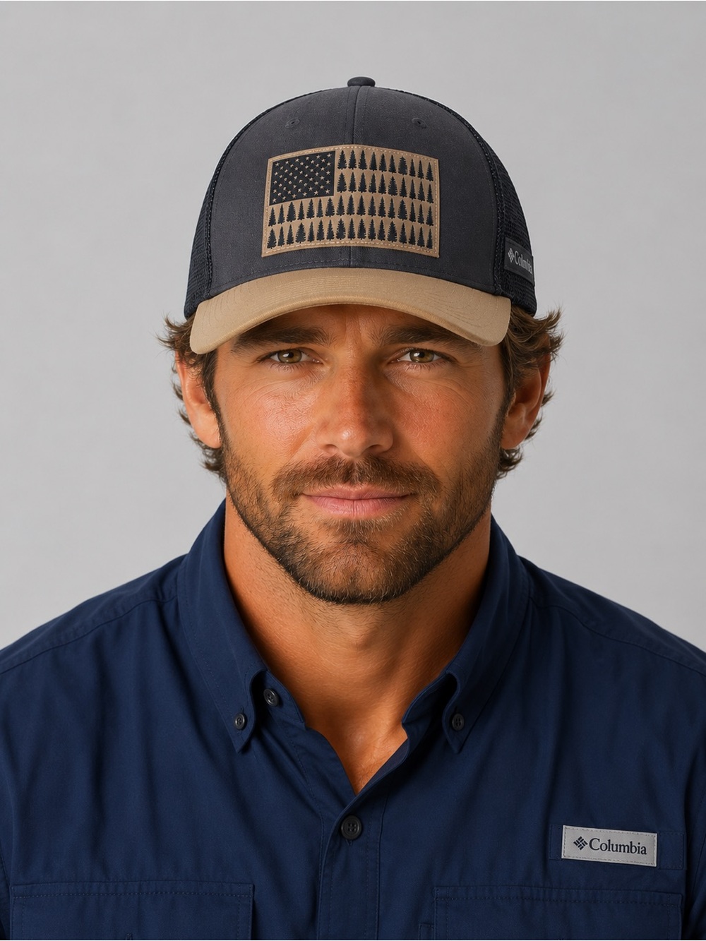 Columbia Men's L/XL Flexfit Low Crown Navy & Tan Tree American Flag Trucker Hat